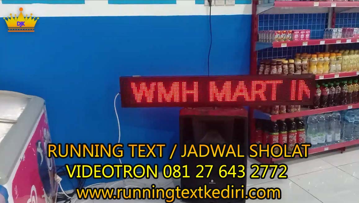 <p>Pemasangan running text terbaik di Kediri kami berlokasi di WMH Mart Silir Wates Kediri. Dengan ukuran 20x132cm warna merah dan ketahanan outdoor yang tahan lama dan lebih awet digunakan.</p>